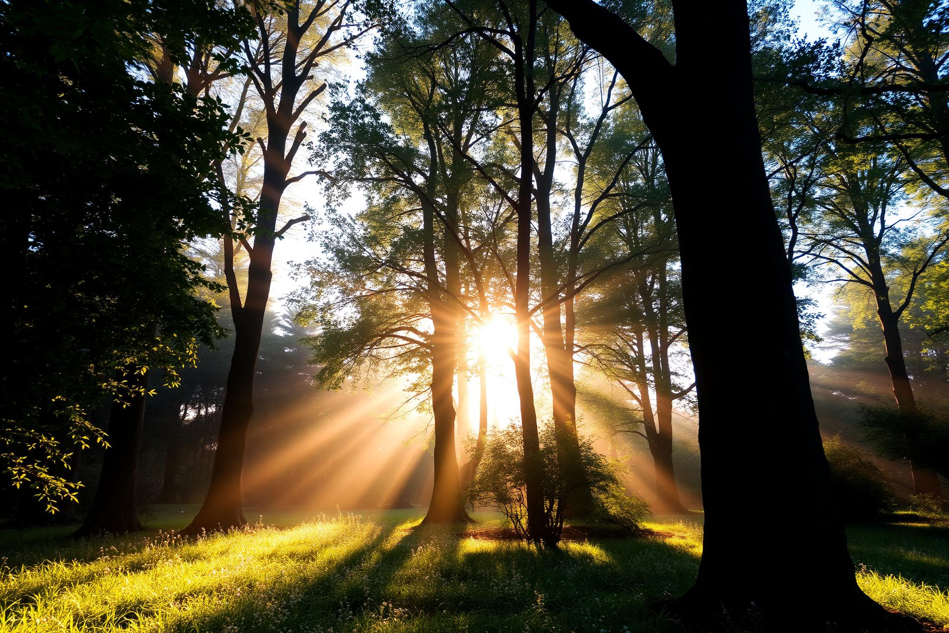 Sunlight streaming through a peaceful grove of tall trees at morning