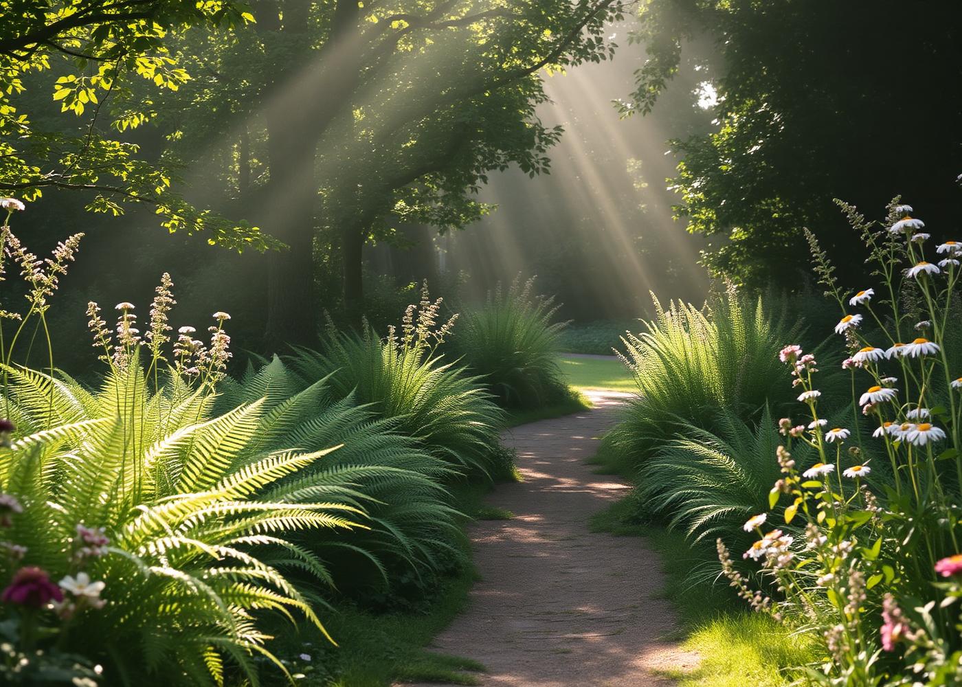Garden path lined with ferns and wildflowers